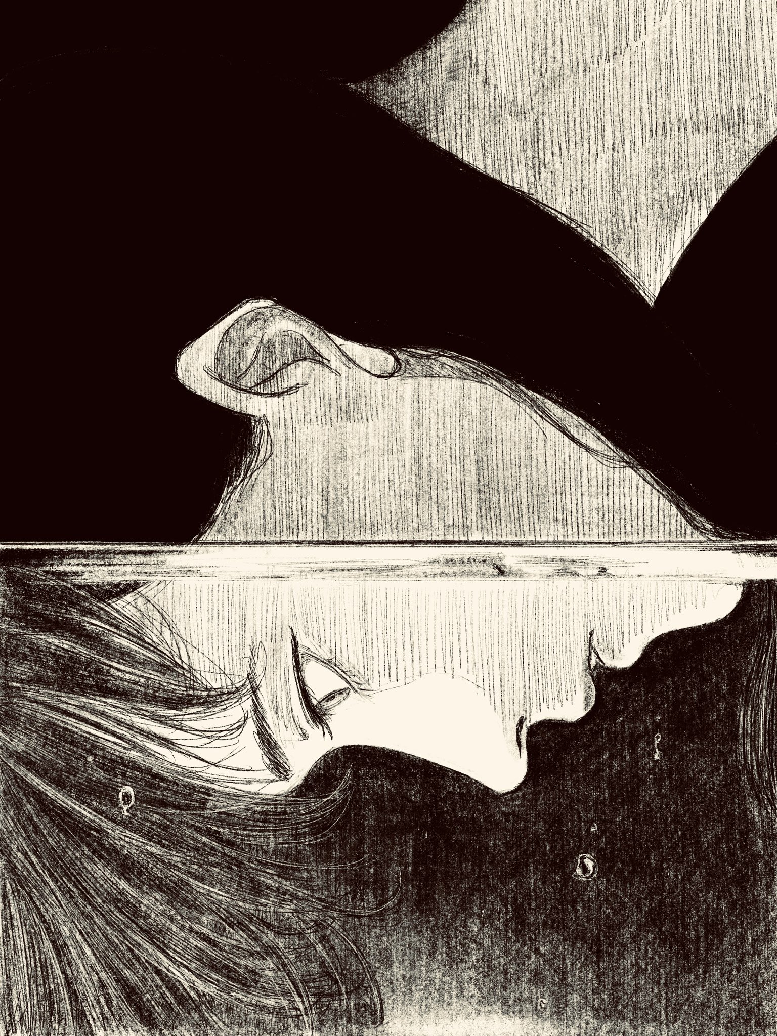 tp p pt, original, highres, 1girl, air bubble, black hair, black outline, bubble, close-up, greyscale, long hair, looking down, monochrome, outline, partially submerged, solo, water