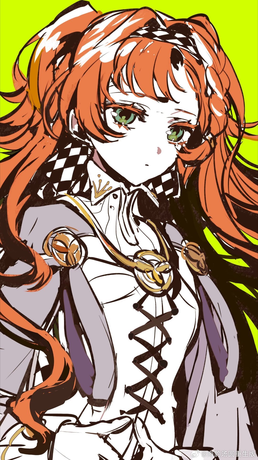 sonetto (reverse:1999), reverse:1999, highres, 1girl, checkered hairband, closed mouth, collared dress, dot mouth, dress, gloves, green eyes, haibao tangyuan, hairband, high collar, long hair, looking at viewer, orange hair, solo, two side up, watermark, weibo watermark, white dress, white gloves