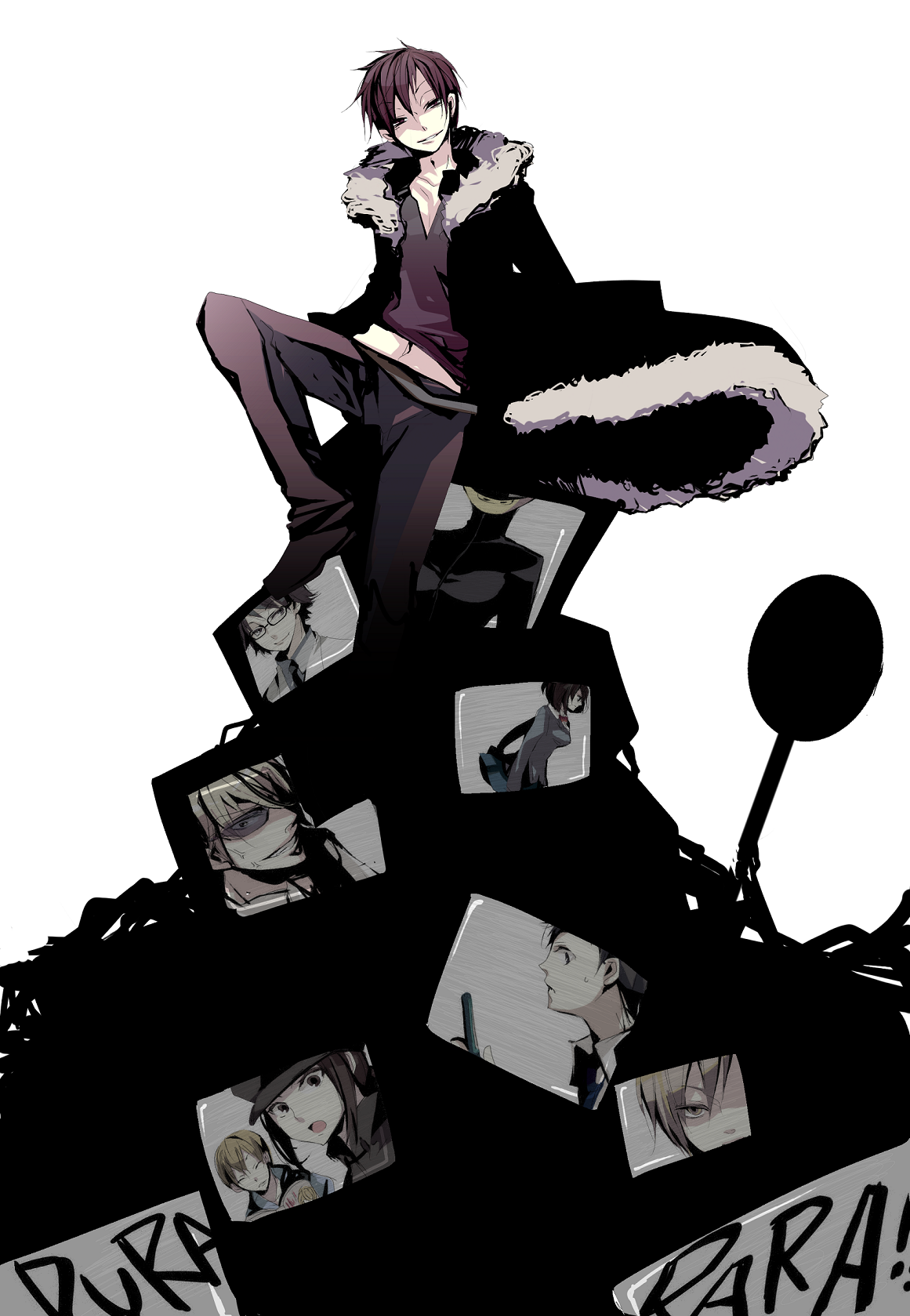 bakanoise (pixiv369473), sadahara inako, celty sturluson, heiwajima shizuo, karisawa erika, kida masaomi, kishitani shinra, orihara izaya, ryuugamine mikado, sonohara anri, yumasaki walker, atlus, durarara!!, persona, persona 4, highres, 1boy, brown hair, fur trim, head tilt, long sleeves, looking at viewer, male focus, parody, simple background, solo, white background
