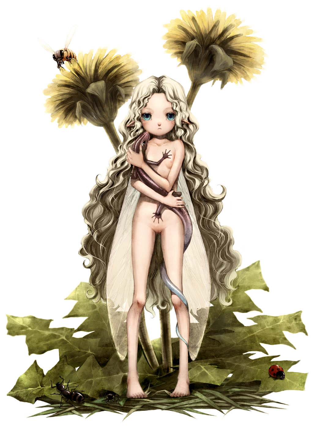 chiyono nanimaru, original, bad id, bad pixiv id, highres, 1girl, ant, bee, blonde hair, blue eyes, breasts, bug, fairy, fairy wings, female focus, flower, insect, ladybug, lizard, loli, long hair, mini person, minigirl, nipples, nude, pointy ears, pussy, small breasts, solo, very long hair, wavy hair, wings