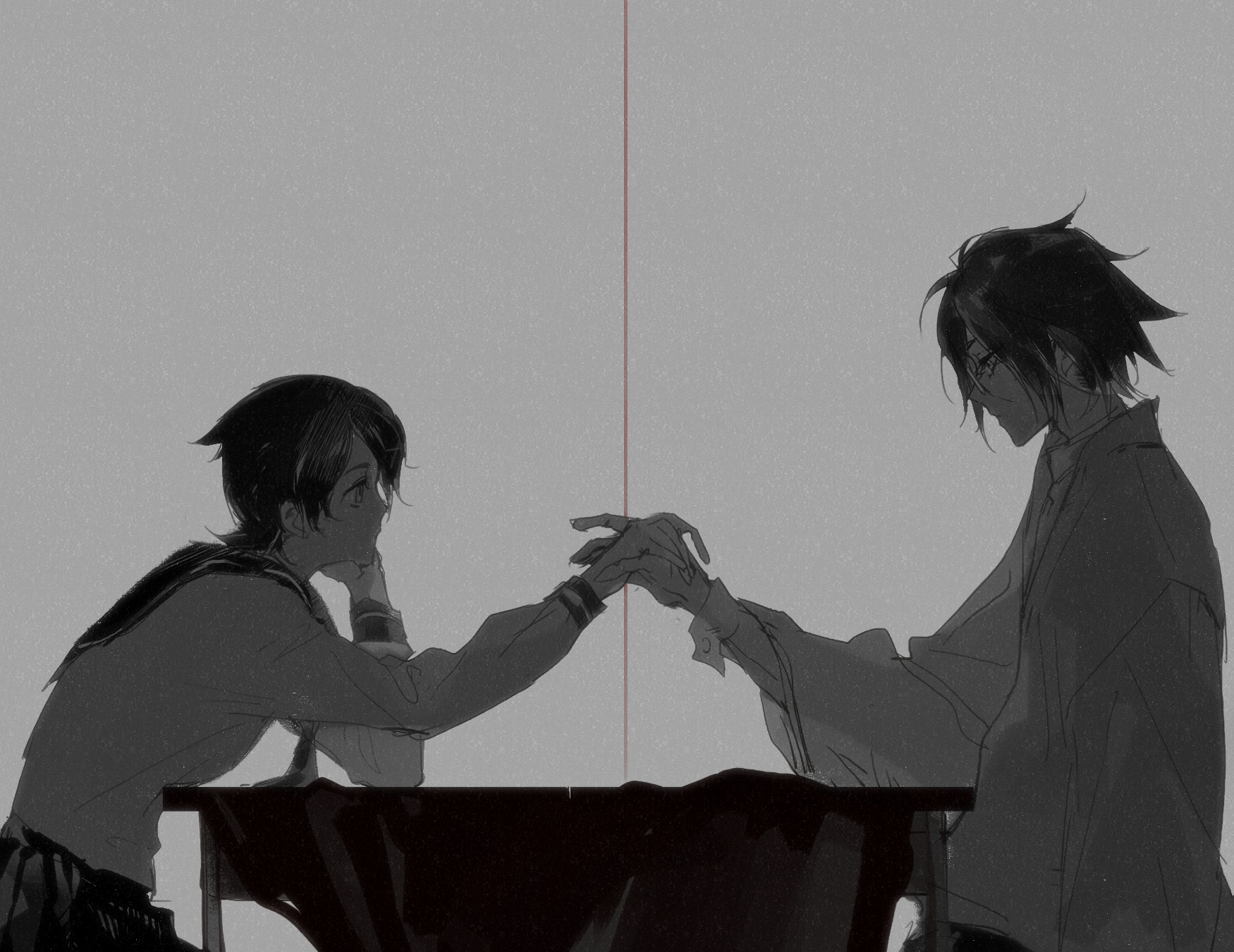 yeluo black, fuura kafuka, itoshiki nozomu, sayonara zetsubou sensei, chinese commentary, commentary request, highres, 1boy, 1girl, black hair, cowboy shot, from side, glasses, grey background, holding hands, japanese clothes, kimono, looking at another, monochrome, neckerchief, school uniform, serafuku, short hair, sitting, spot color, string, string of fate, table, teacher and student