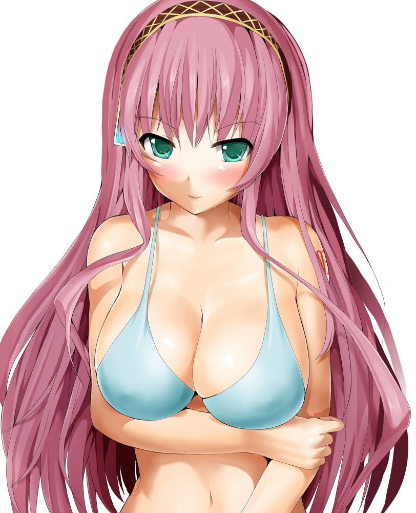 blastbeat, megurine luka, vocaloid, 1girl, aqua eyes, bikini, blush, breasts, cleavage, female focus, headphones, large breasts, long hair, looking at viewer, navel, pink hair, simple background, smile, solo, swimsuit, upper body