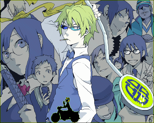 ha.skr (hasukara), hasukara, celty sturluson, heiwajima shizuo, kadota kyouhei, karisawa erika, kida masaomi, kishitani shinra, ryuugamine mikado, simon brezhnev, sonohara anri, yagiri namie, yumasaki walker, durarara!!, lowres, 4girls, 6+boys, blonde hair, bow, bowtie, multiple boys, multiple girls