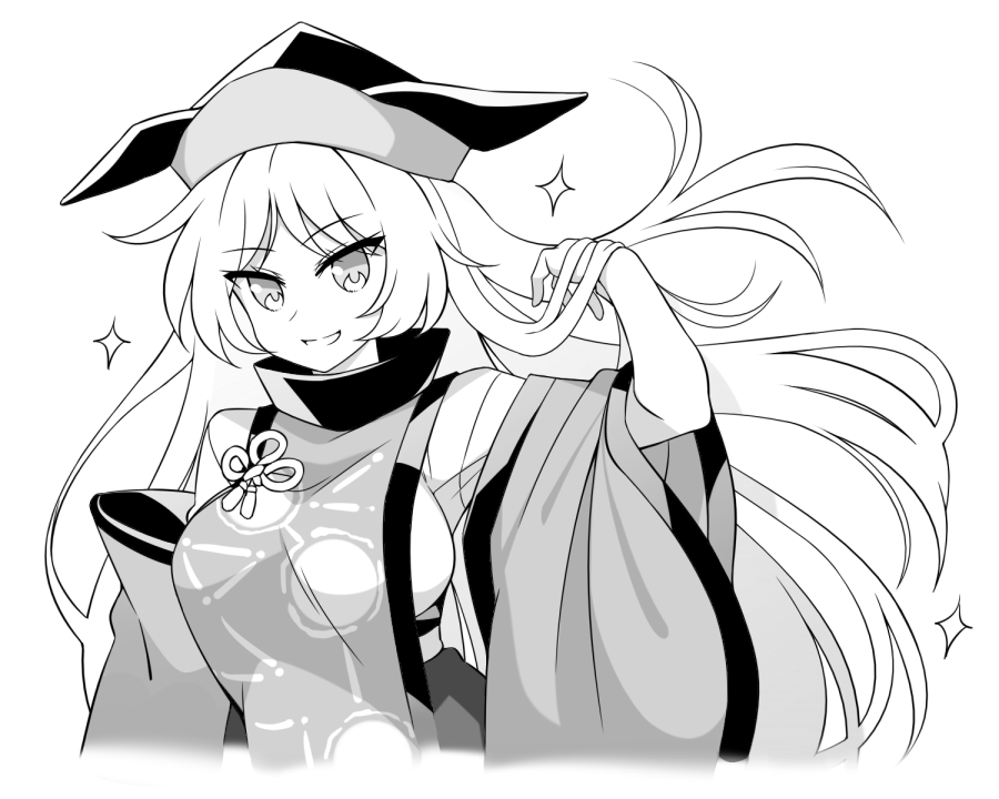muchin jousha, matara okina, touhou, alpha transparency, commentary, commentary request, symbol-only commentary, 1girl, arm up, black collar, black hat, black trim, breasts, collar, detached sleeves, floating hair, geometric pattern, grey eyes, grey hair, grey tabard, greyscale, grin, hat, holding, holding own hair, large breasts, long hair, long sleeves, monochrome, parted bangs, sideboob, smile, sparkle, tabard, transparent background, two-tone hat, upper body, white hair, wide sleeves