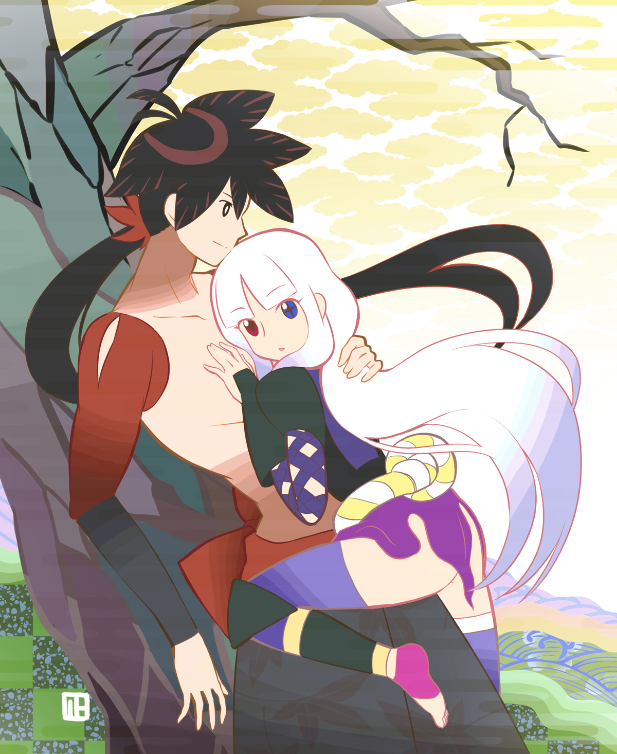 nagian, togame, yasuri shichika, katanagatari, bad id, bad pixiv id, highres, 1boy, 1girl, barefoot, feet, head rest, heterochromia, long hair, toeless legwear, toes, very long hair, white hair