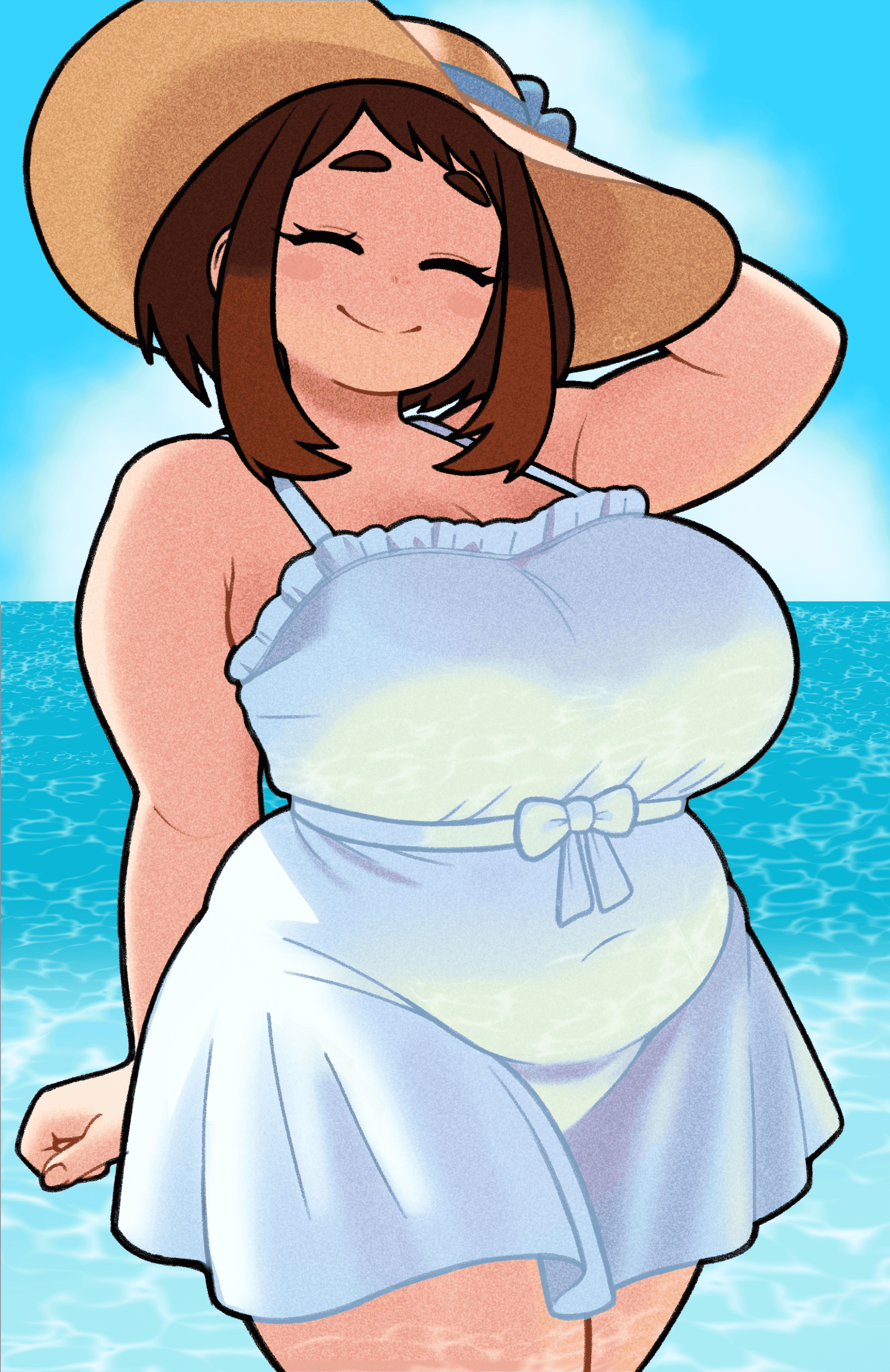 champchidi, uraraka ochako, boku no hero academia, absurdres, highres, 1girl, ^ ^, alternate body size, alternate breast size (larger), alternate costume, arm behind head, arm up, belly, blush stickers, breasts, brown hair, closed eyes, covered navel, cowboy shot, dress, facing viewer, fat, freckles, hand on headwear, hat, large breasts, ocean, outdoors, short dress, short hair, sleeveless, sleeveless dress, smile, solo, sun hat, sundress, white dress