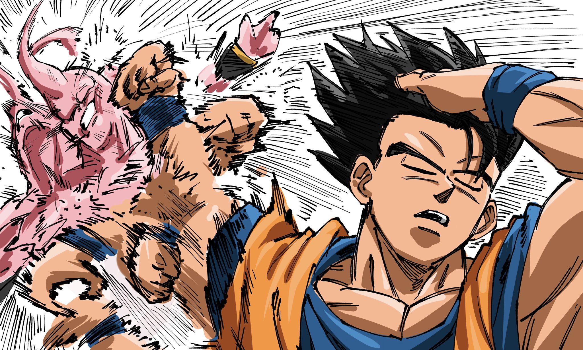 rz28kp, kid buu, majin buu, son goku, dragon ball, dragonball z, highres, adjusting hair, black hair, closed eyes, colored skin, hand in own hair, male focus, meme, naoya hitting choso without looking (meme), open mouth, pink skin, scene reference, short hair, simple background, spiked hair, white background