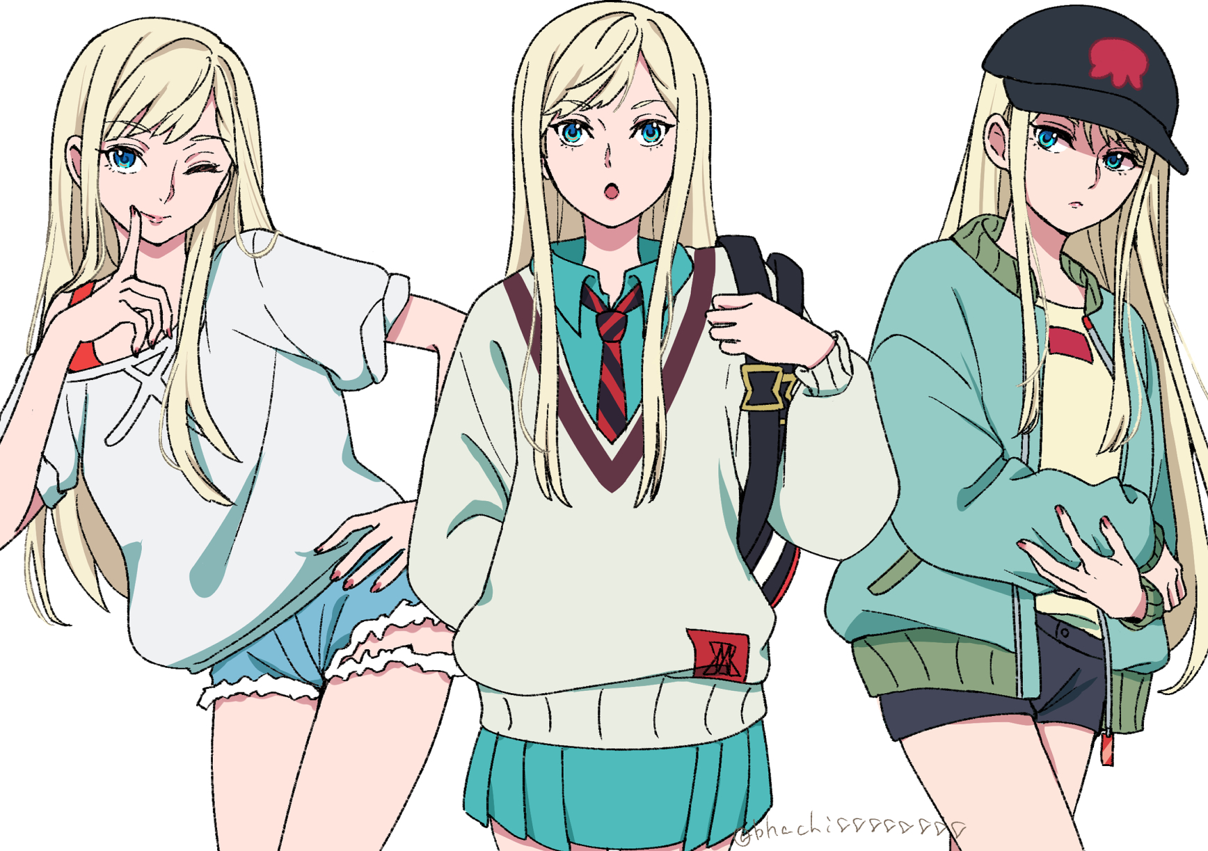 bhachi88888888, amate yuzuriha, gigi andalusia, gundam, gundam gquuuuuux, gundam hathaway's flash, commentary request, highres, 1girl, amate yuzuriha (cosplay), aqua skirt, artist name, black hat, black shorts, blonde hair, blue eyes, cosplay, green jacket, hand on own hip, hat, jacket, long sleeves, looking at viewer, necktie, one eye closed, pleated skirt, puffy long sleeves, puffy sleeves, red nails, school uniform, shorts, skirt, smile, striped clothes, striped necktie, sweater, two-tone necktie, white background, white sweater