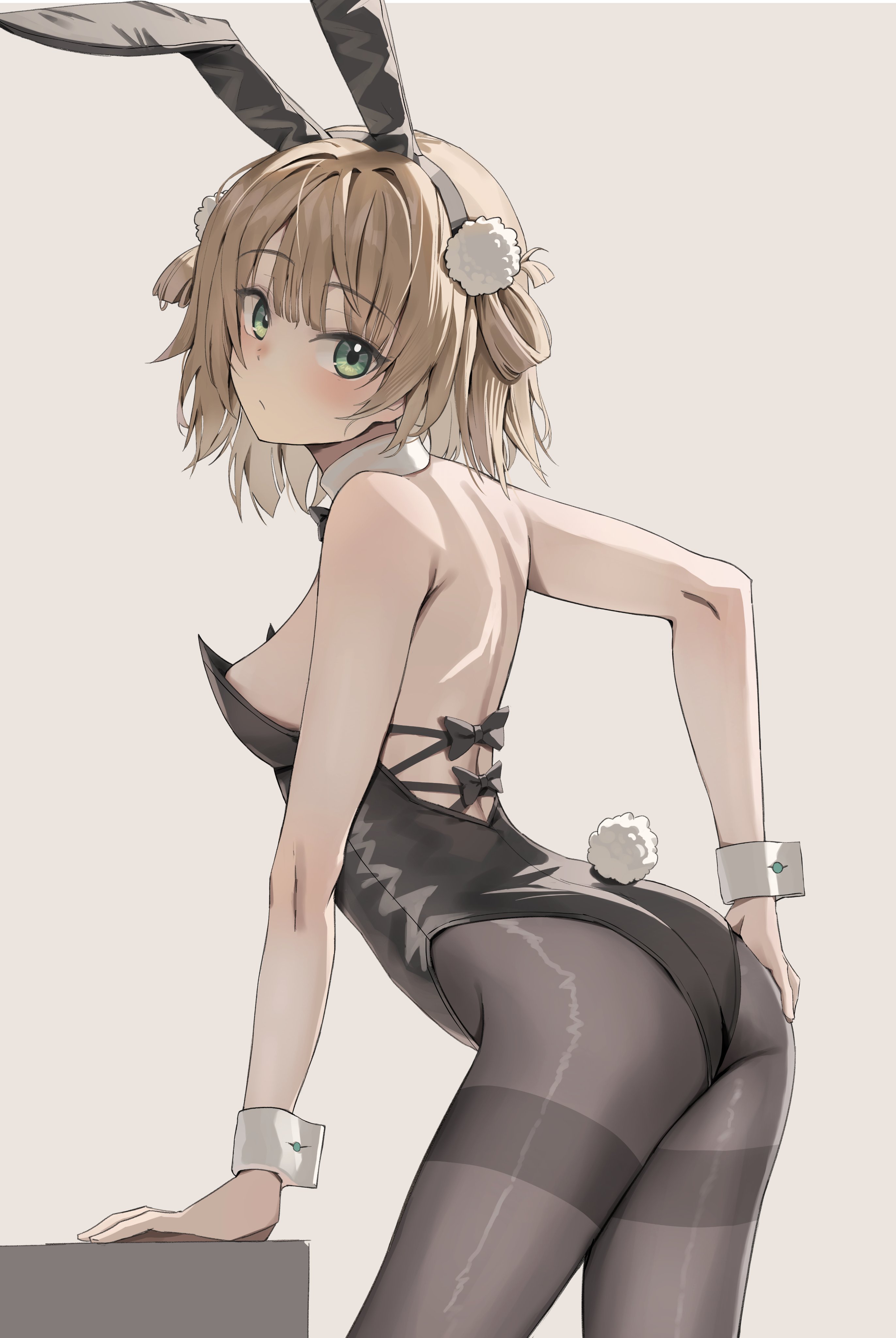 scarlet (wv0102), shigure ui (vtuber), indie virtual youtuber, absurdres, highres, 1girl, animal ear hairband, animal ears, bare shoulders, black leotard, blonde hair, breasts, detached collar, fake animal ears, fake tail, from side, green eyes, hair ornament, hairband, leotard, looking at viewer, pantyhose under leotard, playboy bunny, pom pom (clothes), pom pom hair ornament, rabbit ear hairband, rabbit ears, rabbit tail, short hair, side up ring, simple background, small breasts, solo, standing, strapless, strapless leotard, tail, virtual youtuber, white background, wrist cuffs