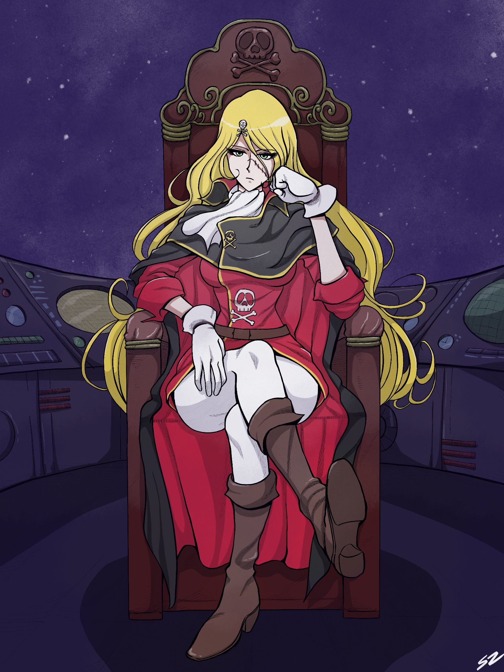 szero, emeraldas, harlock saga, queen emeraldas, uchuu kaizoku captain harlock, on throne, highres, arm rest, artist name, ascot, barefoot, belt, black cape, black capelet, blonde hair, boots, breasts, brown belt, brown boots, brown shoes, cape, capelet, clenched hands, expressionless, facial scar, gloom (expression), gloves, green eyes, hair ornament, hand on own face, hand on own hip, long eyelashes, long hair, medium breasts, pants, pantyhose, puffy sleeves, purple background, red cape, red shirt, scar, scar on cheek, scar on face, shirt, shoes, signature, sitting, sitting on throne, skull, skull hair ornament, skull print, sleeves rolled up, space, spacecraft, spacecraft interior, throne, twitter username, very long hair, white ascot, white gloves, white pants, white pantyhose