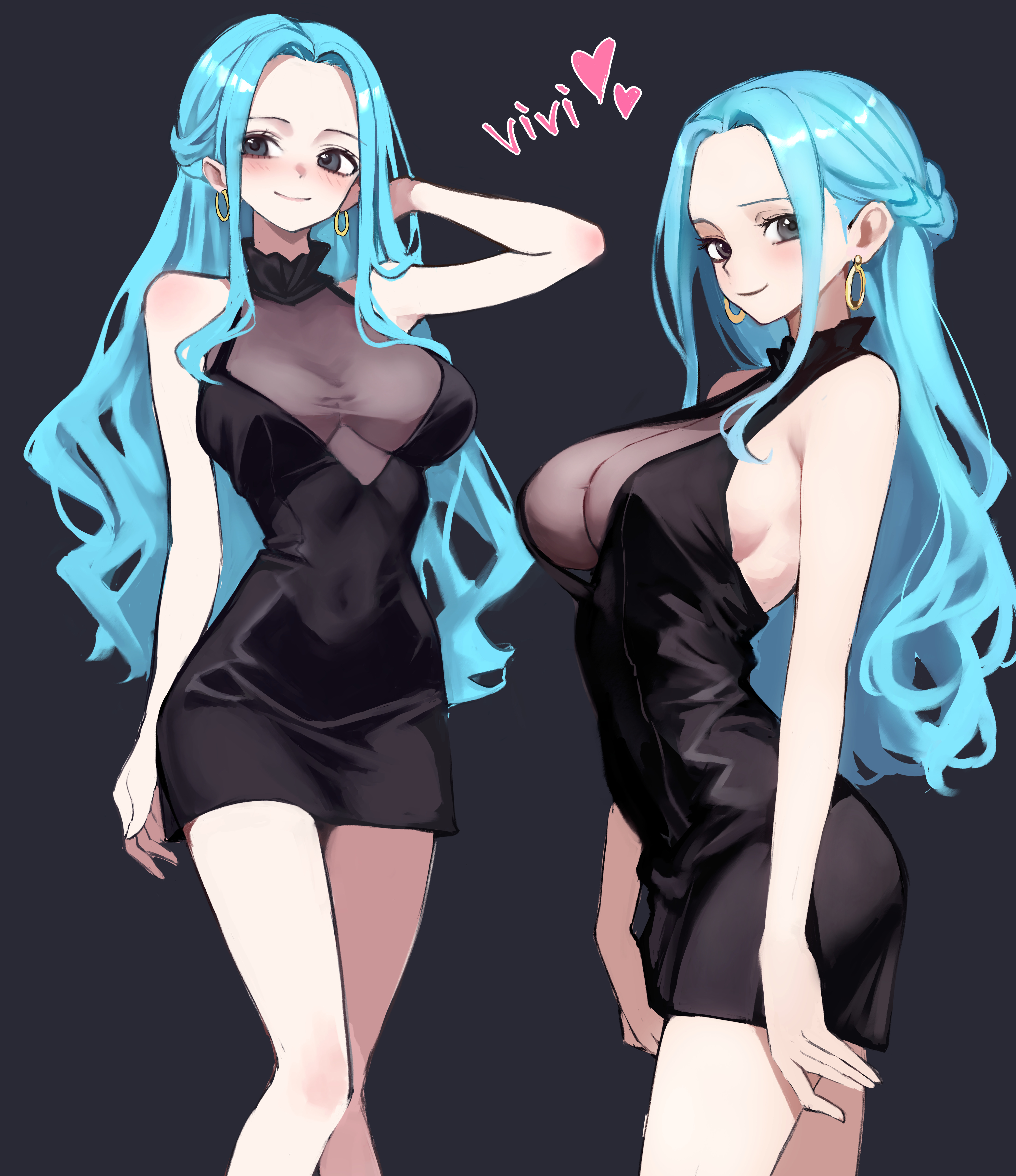 kasumi 6, nefertari vivi, one piece, absurdres, commentary request, highres, 1girl, black background, black dress, blue hair, blush, breasts, dress, earrings, grey eyes, heart, hoop earrings, jewelry, large breasts, long hair, looking at viewer, multiple views, see-through cleavage, see-through clothes, short dress, sleeveless, sleeveless dress, smile, very long hair
