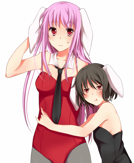 oumiya sakura, sakuranchi yu, sakuranchu, inaba tewi, reisen udongein inaba, touhou, bad id, bad pixiv id, 2girls, animal ears, black hair, black necktie, blush, collar, female focus, hug, long hair, multiple girls, necktie, pantyhose, playboy bunny, purple hair, rabbit ears, red eyes, short hair, sweatdrop