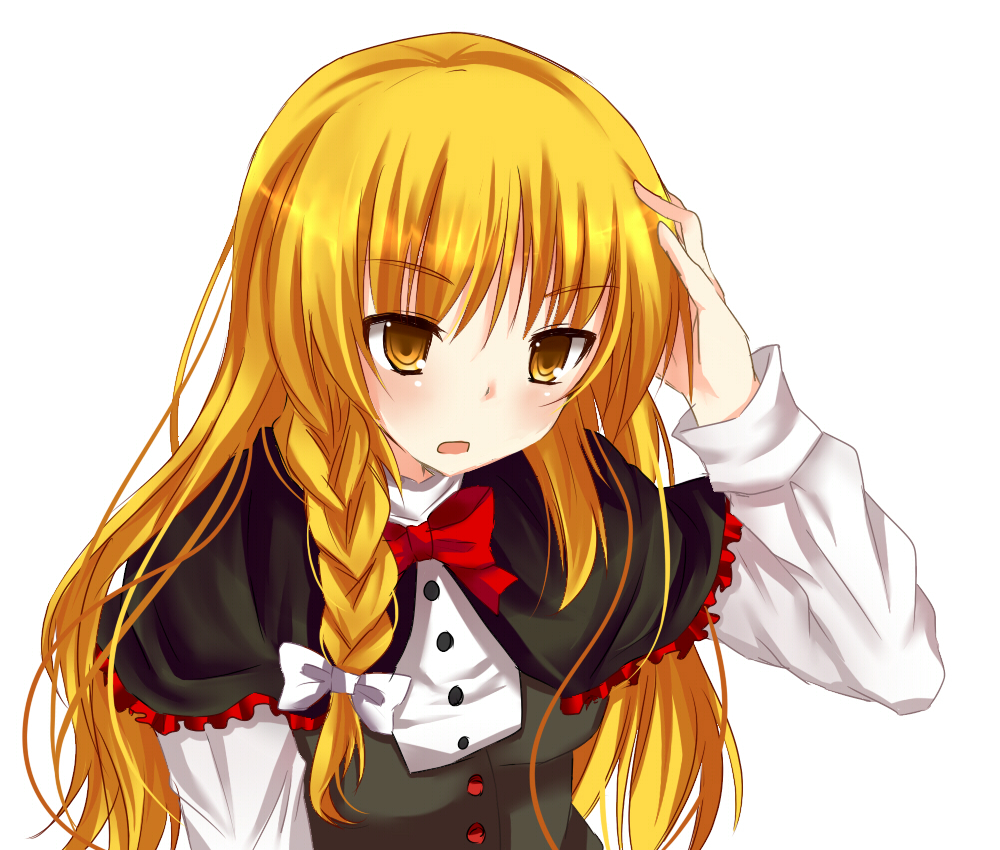 oumiya sakura, sakuranchi yu, sakuranchu, kirisame marisa, touhou, bad id, bad pixiv id, 1girl, blonde hair, bow, braid, capelet, female focus, hair bow, hand on own head, long hair, no headwear, solo, yellow eyes
