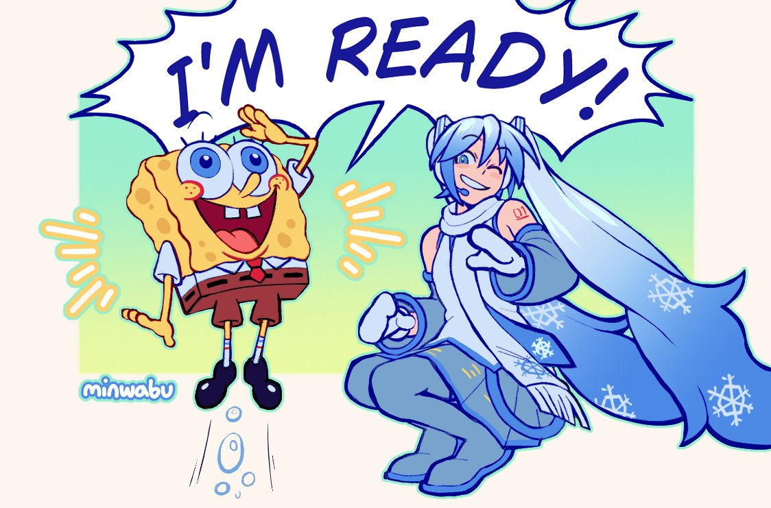 minwabu, hatsune miku, spongebob squarepants, yuki miku, yuki miku (2011), spongebob squarepants (series), vocaloid, commentary, english commentary, 1boy, 1girl, :d, arm tattoo, black shoes, blue eyes, blue hair, blue necktie, blue shoes, blue sleeves, blush, brown pants, buck teeth, collared shirt, crossover, detached sleeves, english text, full body, gradient hair, grin, hair between eyes, headset, long hair, long sleeves, mittens, multicolored hair, necktie, number tattoo, one eye closed, open mouth, pants, red necktie, scarf, shirt, shoes, smile, snowflakes, socks, speech bubble, tattoo, teeth, tongue, twintails, twitter username, upper teeth only, very long hair, white mittens, white scarf, white shirt, white socks