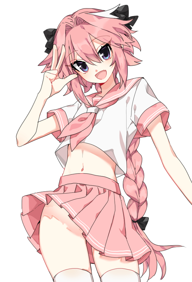 koyashaka, astolfo (fate), astolfo (sailor paladin) (fate), fate/apocrypha, fate/grand order, fate (series), bad id, bad pixiv id, 1boy, black bow, bow, braid, cowboy shot, crop top, crossdressing, crossdressing (mtf), eyelashes, fang, hair bow, hair intakes, long braid, long hair, looking at viewer, male focus, midriff, neckerchief, official alternate costume, open mouth, pink hair, pink neckerchief, pink sailor collar, pink skirt, purple eyes, sailor collar, school uniform, serafuku, single braid, skin fang, skirt, smile, solo, thighhighs, trap, v