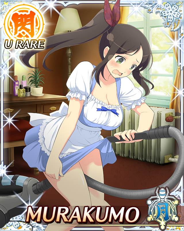 murakumo (senran kagura), senran kagura, senran kagura new wave, game cg, official art, third-party source, 1girl, apron, blue dress, border, breasts, brown hair, card (medium), character name, cleavage, day, dress, frilled apron, frills, green eyes, hair ribbon, hannya, heater, holding vacuum cleaner, indoors, large breasts, leaning forward, long hair, looking at viewer, maid, mask, noh mask, red ribbon, ribbon, side ponytail, skirt hold, solo, vacuum cleaner, waist apron, white apron, window