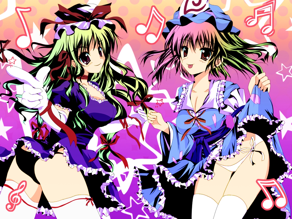 lastlong, saigyouji yuyuko, yakumo yukari, touhou, 2girls, :p, blonde hair, blush, breasts, dancing, elbow gloves, female focus, gloves, hat, japanese clothes, kimono, long hair, multiple girls, music, musical note, panties, pantyshot, pink hair, pointing, red eyes, ribbon, short hair, thighhighs, tongue, tongue out, underwear
