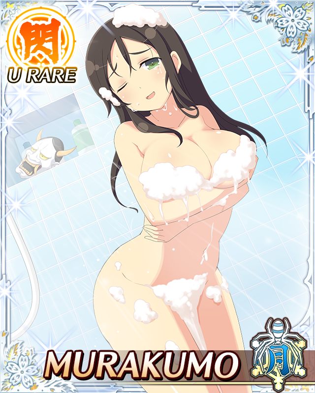 murakumo (senran kagura), senran kagura, senran kagura new wave, game cg, official art, third-party source, 1girl, alternate hairstyle, arms under breasts, border, breasts, brown hair, card (medium), character name, completely nude, convenient censoring, green eyes, hannya, large breasts, leaning forward, long hair, looking at viewer, mask, navel, noh mask, nude, one eye closed, open mouth, shower (place), showering, smile, soap, soap bubbles, soap censor, solo, tile wall, tiles, wet, wet hair