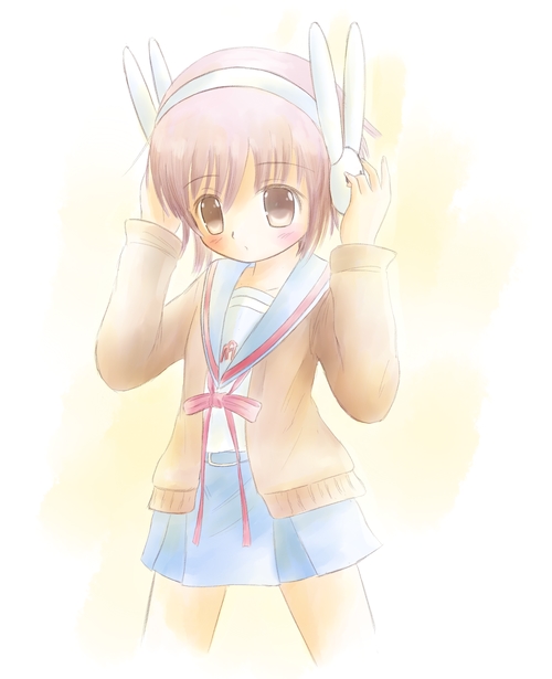 kakashi, mode (mode-n), nagato yuki, suzumiya haruhi-chan no yuuutsu, suzumiya haruhi no yuuutsu, bad id, bad pixiv id, 00s, 1girl, brown eyes, brown hair, bunny headphones, cardigan, female focus, headphones, school uniform, serafuku, short hair, solo