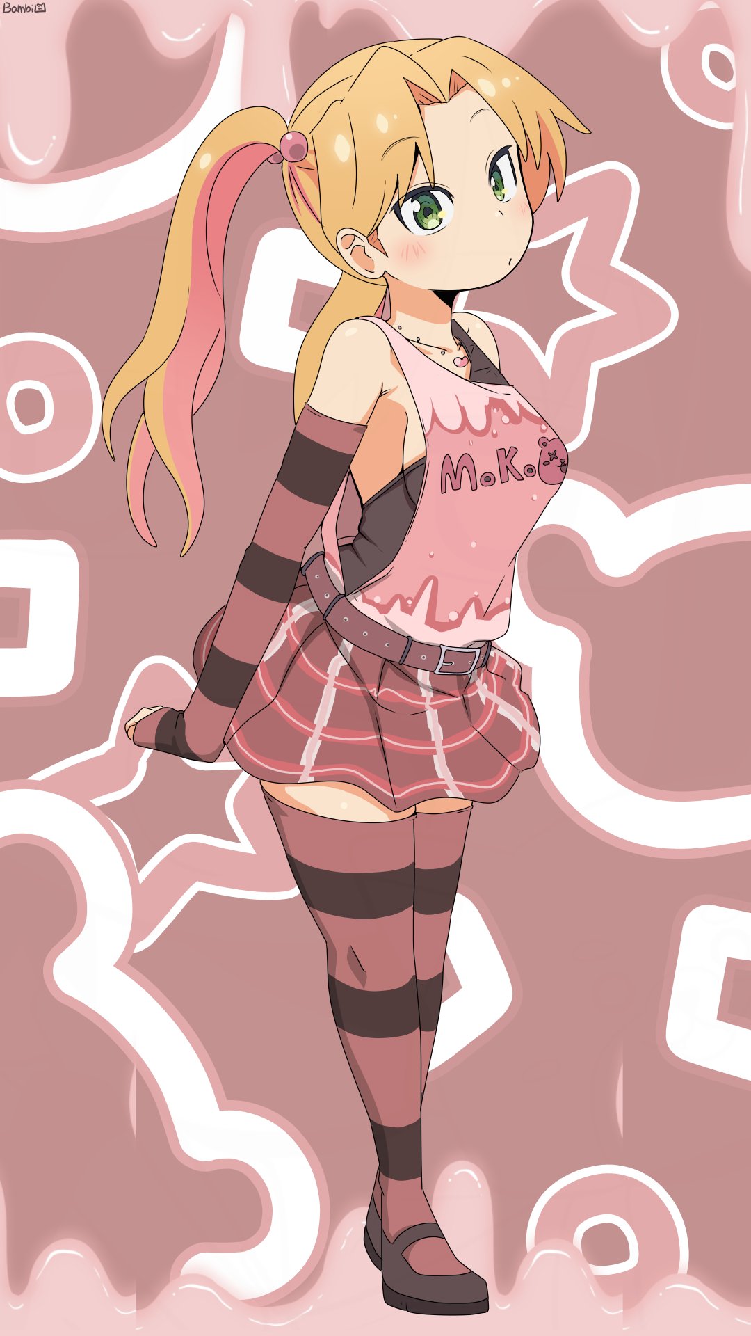 bambi2000line, tanigawa ruri, ruri no houseki, highres, 1girl, alternate costume, apron, black shirt, black shoes, blonde hair, blush, breasts, elbow gloves, full body, gloves, green eyes, long hair, looking at viewer, medium breasts, pink thighhighs, ponytail, shirt, shoes, sleeveless, standing, striped clothes, striped thighhighs, thighhighs