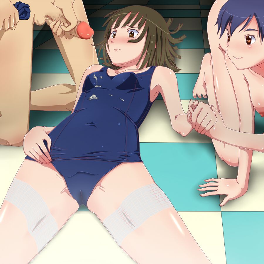 yoshida keiji, kanbaru suruga, sengoku nadeko, bakemonogatari, monogatari (series), 1boy, 2girls, all fours, barefoot, bisexual female, blush, cameltoe, censored, checkered floor, clothed female nude male, completely nude, covered navel, cum, cum on body, cum on upper body, floor, holding hands, lying, male masturbation, masturbation, mosaic censoring, multiple girls, nude, on back, one-piece swimsuit, penis, perspective, school swimsuit, sexual coaching, solo focus, swimsuit