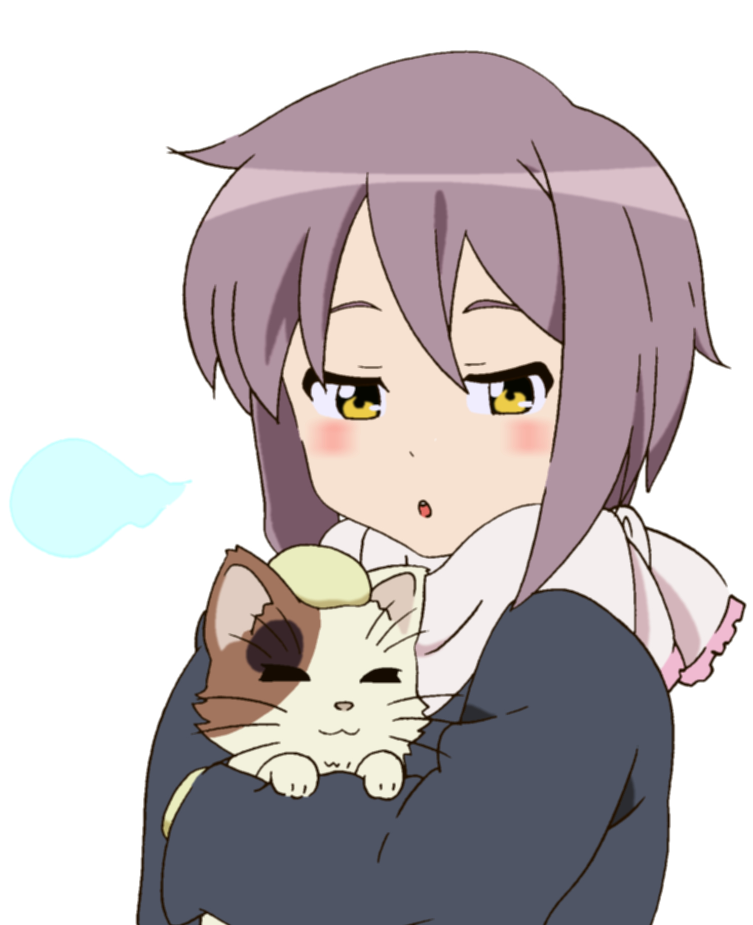 32r, nagato yuki, shamisen (suzumiya haruhi), suzumiya haruhi no yuuutsu, bad id, bad pixiv id, highres, blush, breath, calico (pattern), calico cat, cat, coat, grey hair, mittens, scarf, short hair, solo, yellow eyes