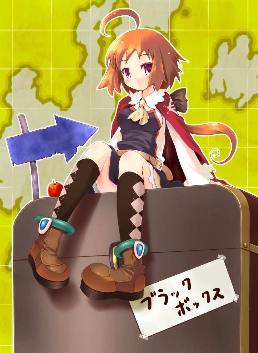 komone ushio, cepoli elretoi (komone ushio), original, pixiv fantasia, bad id, bad pixiv id, 1girl, ahoge, apple, argyle clothes, argyle socks, arrow (symbol), belt, boots, brown hair, cape, female focus, food, fruit, full body, kneehighs, long hair, map, pink eyes, sign, sitting, socks, solo