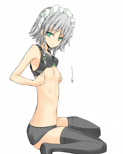 nabeshima tetsuhiro, izayoi sakuya, touhou, silver hair, 1girl, black bra, black panties, black thighhighs, blue eyes, bra, braid, female focus, flat chest, green eyes, hairband, lingerie, nipples, panties, short hair, simple background, sitting, solo, thighhighs, twin braids, underwear, underwear only, wariza
