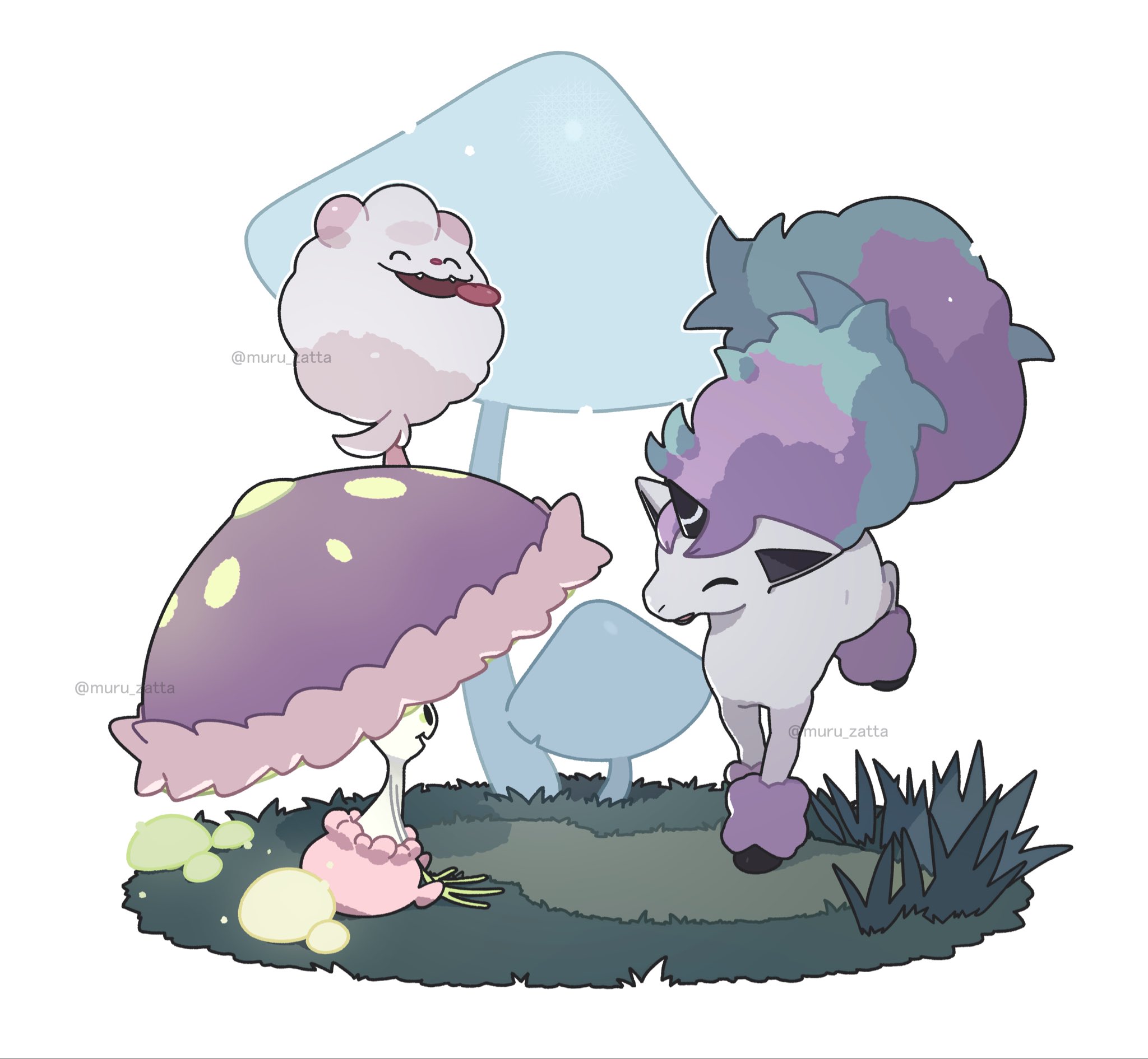 muru zatta, galarian ponyta, shiinotic, swirlix, nintendo, pokemon, commentary request, highres, closed eyes, galarian form, gen 6 pokemon, gen 7 pokemon, gen 8 pokemon, grass, horns, mushroom, no humans, open mouth, pokemon (creature), pokemon focus, single horn, sitting, smile, tongue, twitter username, unicorn, white background