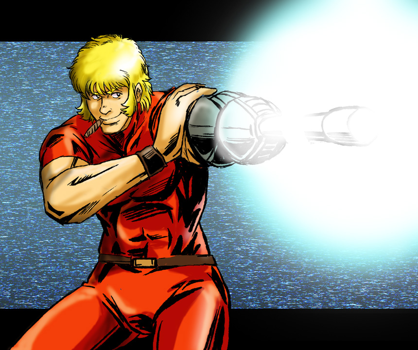 azuki osamitsu, cobra (space adventure cobra), psychogun, space adventure cobra, 1boy, abs, arm up, armband, belt, biceps, big nose, black border, black eyes, blonde hair, border, brown armband, brown belt, brown bracelet, cigar, clenched hands, colored eyelashes, colored skin, covered abs, energy gun, hair between eyes, holding, holding weapon, jumpsuit, large pectorals, laser, laser cannon, laser rifle, leaning, leaning forward, letterboxed, light smile, long sideburns, male focus, mechanical arms, mechanical hands, nose, pants, pectorals, red hair, red jumpsuit, red shirt, shirt, short hair, short sleeves, sideburns, single mechanical arm, single mechanical hand, skin tight, sleeveless, sleeveless turtleneck, smile, smirk, space, toned, toned male, turtleneck, unlit cigarette in mouth, weapon, white skin, wristband