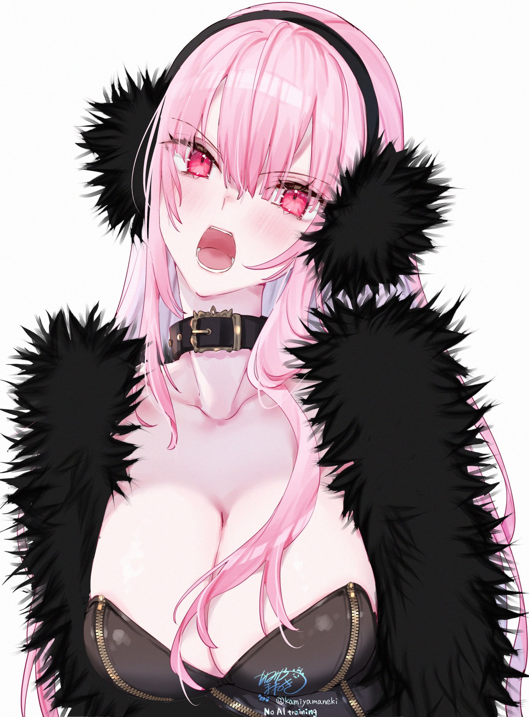 kamiya maneki, mori calliope, hololive, hololive english, highres, 1girl, alternate costume, black choker, blush, breasts, buckle, choker, cleavage, coat, collarbone, earmuffs, fur coat, large breasts, long hair, looking at viewer, open mouth, pink eyes, pink hair, red eyes, signature, simple background, solo, twitter username, upper body, virtual youtuber, white background, zipper
