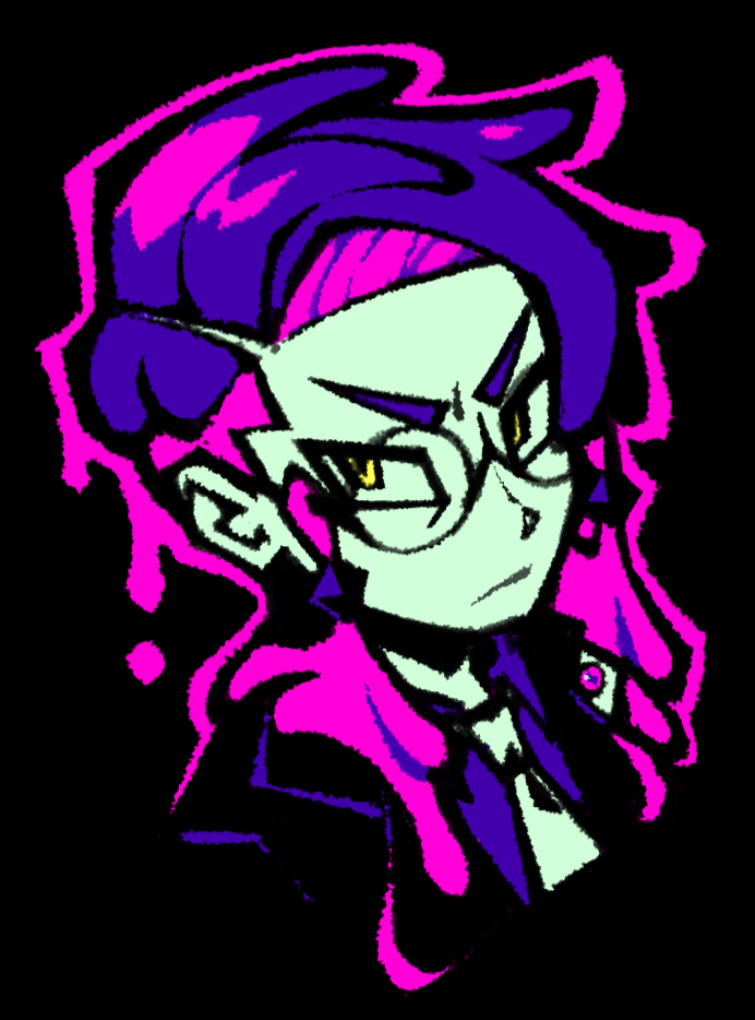 corbeau (pokemon), nintendo, pokemon, pokemon legends: z-a, 1boy, black background, glasses, male focus, outline, pink outline, pokemon (creature), portrait, purple hair, rust-w0rks, thick eyebrows, yellow eyes