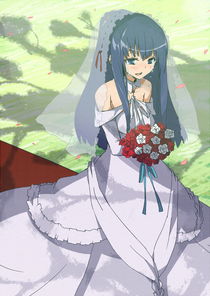 vane (vane0), kirishima shouko, baka to test to shoukanjuu, bad id, bad pixiv id, 1girl, blue eyes, blue hair, bouquet, bridal veil, bride, detached collar, dress, female focus, flower, happy, long hair, matching hair/eyes, off shoulder, red flower, red rose, rose, solo, tears, veil, wedding dress, white flower, white rose