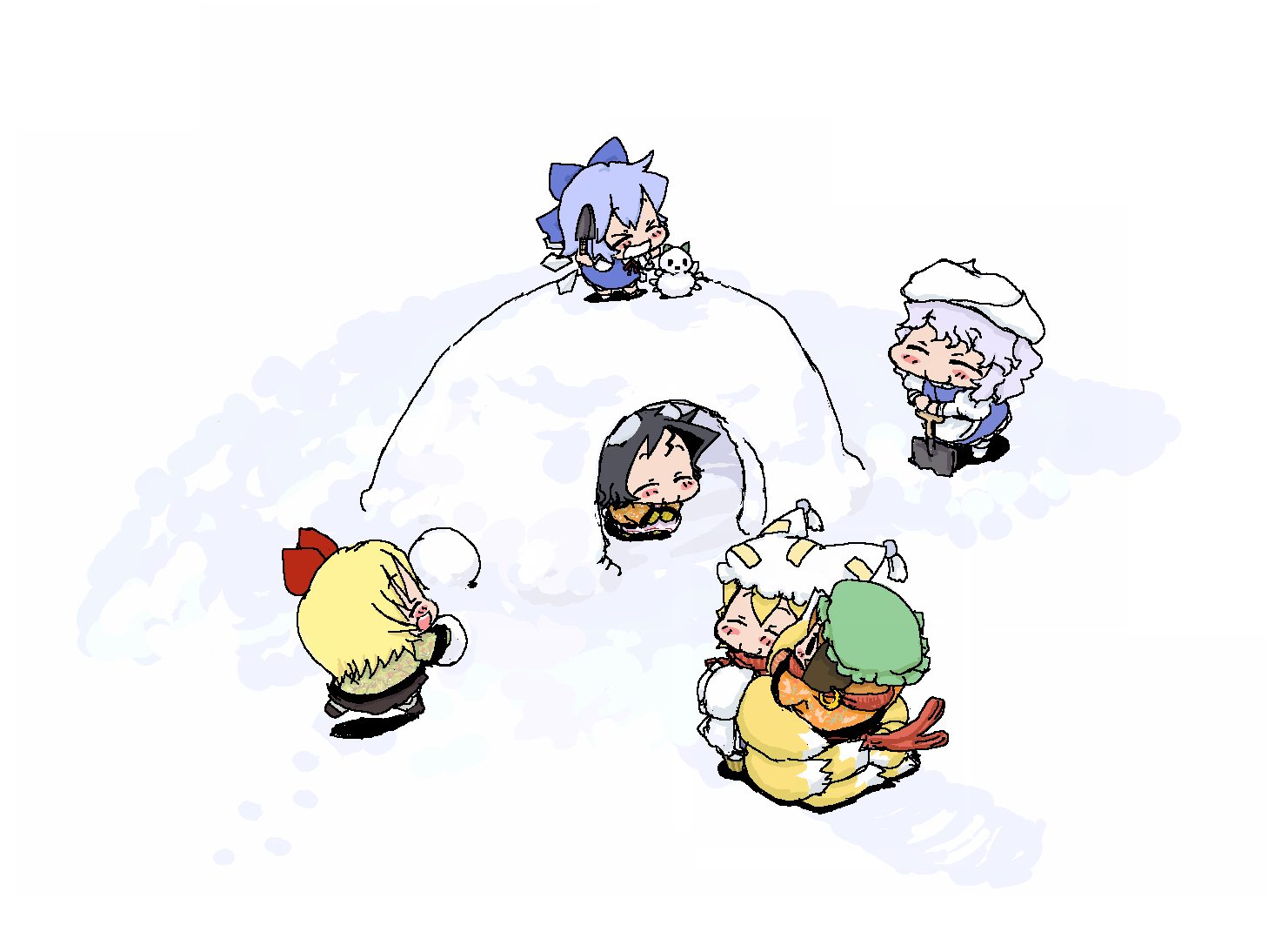 baku taso, chen, cirno, inaba tewi, letty whiterock, rumia, yakumo ran, perfect cherry blossom, shoot the bullet, touhou, > <, 6+girls, animal ears, animal hat, apron, blonde hair, blue dress, blue hair, blush, bow, brown hair, cat ears, chibi, closed eyes, dress, earrings, hair bow, hair ribbon, hat, ice, ice wings, jewelry, juliet sleeves, long sleeves, mob cap, multiple girls, multiple tails, neck ribbon, open mouth, outdoors, puffy short sleeves, puffy sleeves, rabbit ears, red eyes, ribbon, shoes, short hair, short sleeves, shovel, single earring, smile, snow, snow shelter, snowball, snowman, socks, tail, tassel, wings, worktool