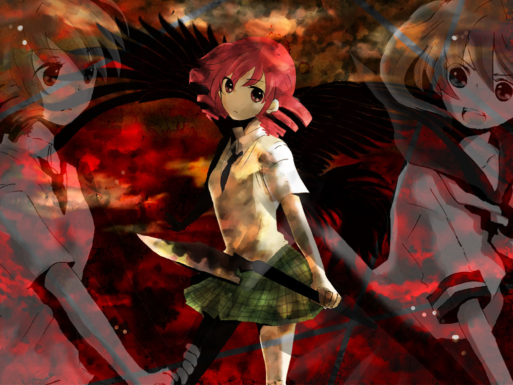 chokokorone, hatsune miku, kasane teto, utau, vocaloid, bad id, bad pixiv id, 2girls, black wings, cleaver, crossover, drill hair, multiple girls, necktie, red eyes, red hair, school uniform, skirt, twin drills, twintails, weapon, wings