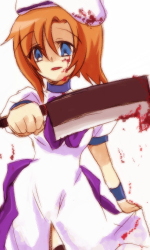 ryuuguu rena, higurashi no naku koro ni, lowres, 1girl, billhook, blood, blood stain, blue eyes, empty eyes, female focus, orange hair, solo