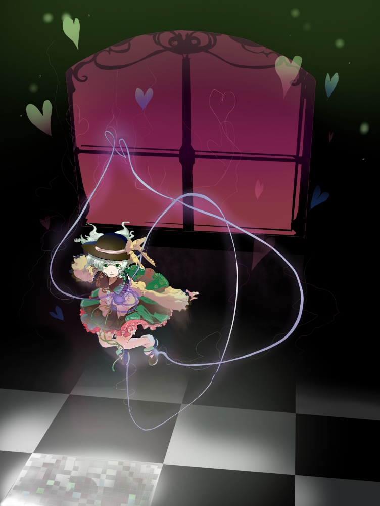 cyclo, komeiji koishi, touhou, bad id, bad pixiv id, 1girl, checkered floor, female focus, floor, green eyes, green hair, hat, heart, matching hair/eyes, perspective, short hair, solo