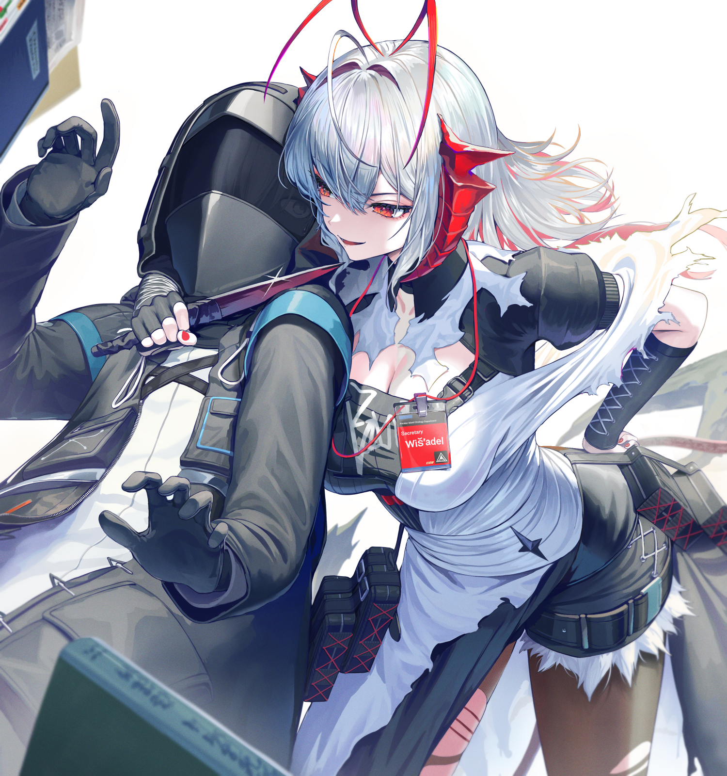 pi (p77777778), doctor (arknights), w (arknights), arknights, commentary request, highres, 1girl, 1other, antenna hair, black coat, black gloves, blade to throat, breasts, brown pantyhose, character name, cleavage, coat, dagger, fingerless gloves, glint, gloves, hair between eyes, holding, holding dagger, holding knife, holding weapon, hood, hood up, hooded coat, knife, large breasts, long sleeves, looking at another, maid, medium hair, orange eyes, pantyhose, pouch, red hair, simple background, standing, torn clothes, torn pantyhose, weapon, white background, white hair