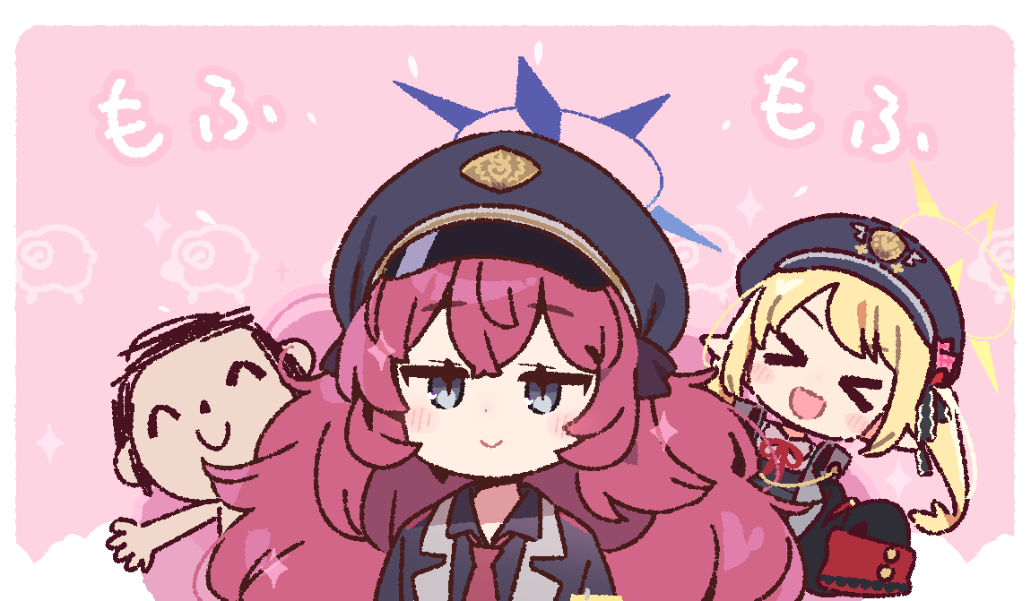 yoru nai, doodle sensei (blue archive), ibuki (blue archive), iroha (blue archive), sensei (blue archive), blue archive, commentary request, > <, 1boy, 2girls, :d, ^ ^, black hat, black shirt, blonde hair, blue halo, blush, chibi, chibi only, closed eyes, closed mouth, collared shirt, dot nose, double-parted bangs, grey eyes, halo, hat, long hair, multiple girls, necktie, open mouth, pink background, red hair, red necktie, shirt, smile, upper body, xd