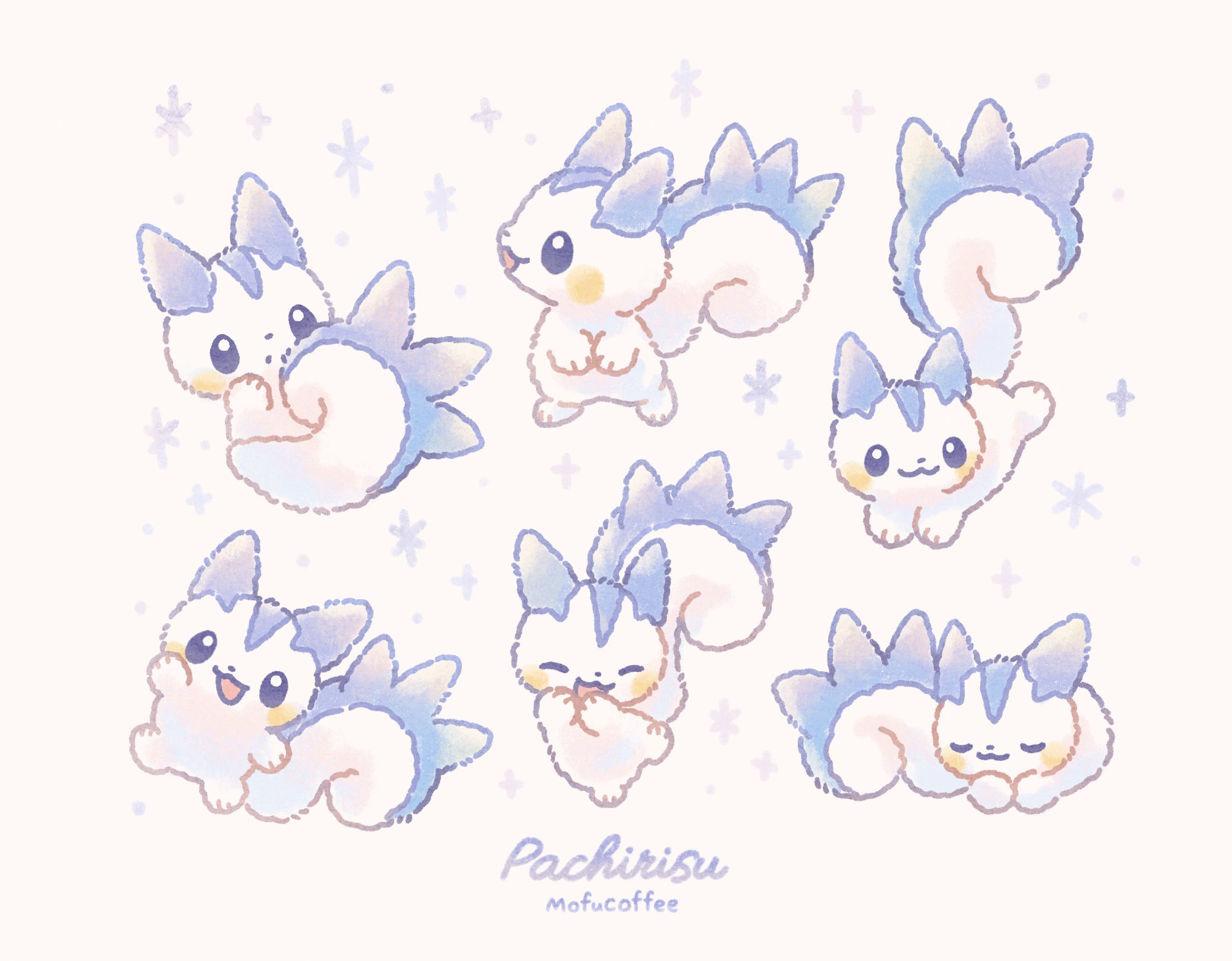 mofucoffee, pachirisu, nintendo, pokemon, commentary request, highres, artist name, blue eyes, character name, closed eyes, closed mouth, gen 4 pokemon, looking up, lying, no humans, open mouth, pokemon (creature), pokemon focus, sleeping, smile, squirrel, standing, star (symbol), white background