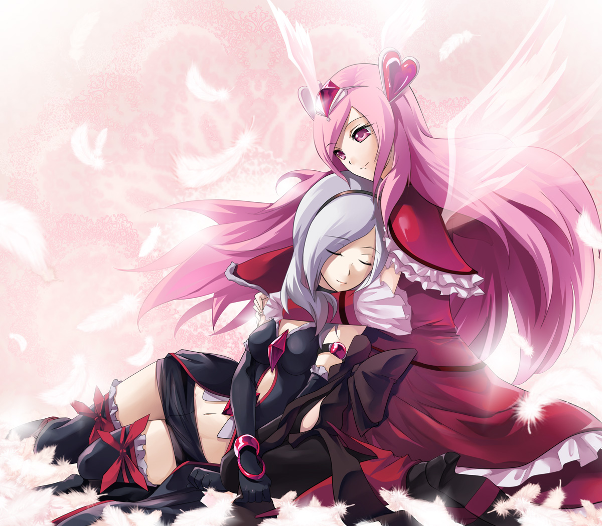 kazuki sanbi, cure passion, eas (fresh precure!), higashi setsuna, fresh precure!, precure, black legwear, 00s, 2girls, angel wings, bike shorts, black gloves, bow, closed eyes, dark persona, dress, dual persona, elbow gloves, feathers, gloves, grey hair, hair ornament, hairband, heart, heart hair ornament, hug, hug from behind, kneeling, long hair, magical girl, multiple girls, navel, pink eyes, pink hair, ribbon, short hair, shorts, smile, thighhighs, tiara, wings