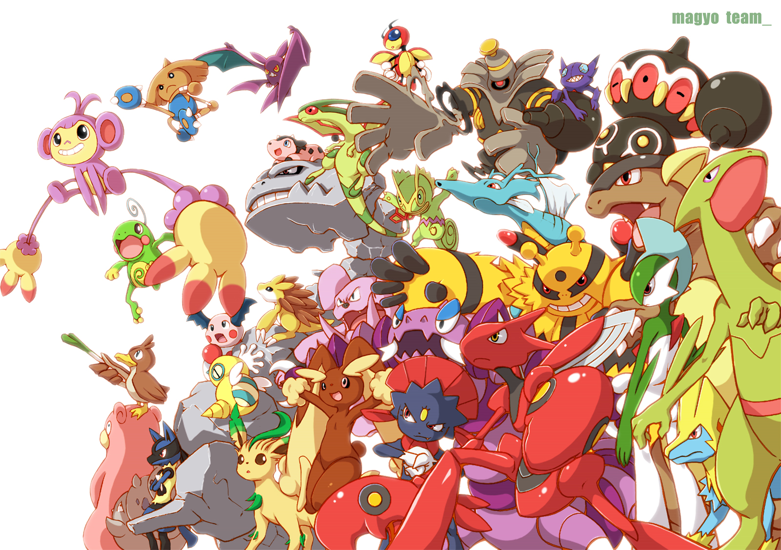 magyo, ambipom, claydol, crobat, drapion, dunsparce, dusknoir, electivire, farfetch'd, flygon, gallade, granbull, hitmontop, kangaskhan, kecleon, kingdra, leafeon, ledian, lopunny, lucario, manectric, miltank, mr. mime, politoed, sableye, sandslash, sceptile, scizor, slowbro, steelix, weavile, nintendo, pokemon, highres, animal nose, blue eyes, everyone, furry, gen 1 pokemon, gen 2 pokemon, gen 3 pokemon, gen 4 pokemon, pink eyes, pokemon (creature), red eyes, spring onion