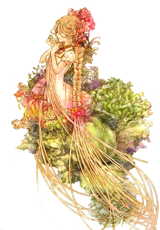 mei@mee, rapunzel (fairy tale character), rapunzel (fairy tale), 1girl, blonde hair, braid, closed eyes, female focus, flower, hair flower, hair ornament, long hair, solo, very long hair