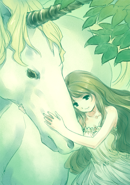 futaba jun, original, animal, brown hair, fantasy, green theme, long hair, solo, unicorn