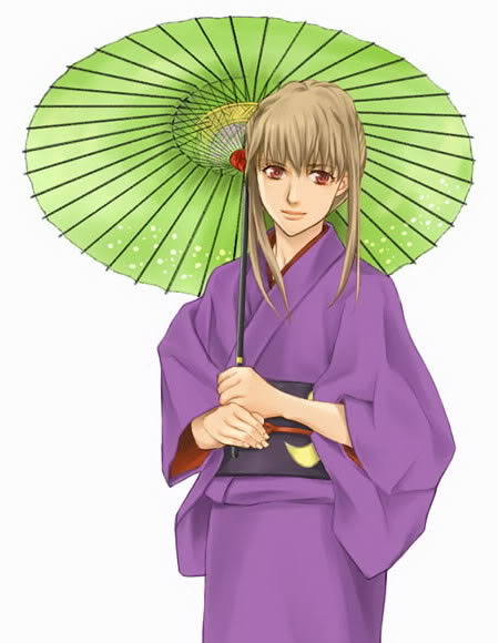 mico3, fujino shizuru, my-hime, jpeg artifacts, 00s, 1girl, brown hair, cowboy shot, female focus, fingernails, holding, holding umbrella, japanese clothes, kimono, light smile, lips, obi, oil-paper umbrella, red eyes, sash, sidelocks, simple background, solo, umbrella, white background