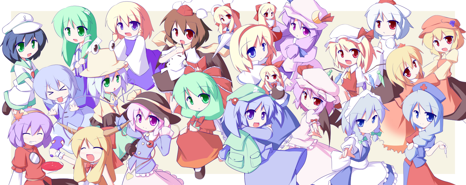 miyo (miyomiyo01), aki minoriko, aki shizuha, alice margatroid, flandre scarlet, ibuki suika, inubashiri momiji, izayoi sakuya, kagiyama hina, kawashiro nitori, kochiya sanae, komeiji koishi, komeiji satori, moriya suwako, murasa minamitsu, patchouli knowledge, remilia scarlet, shameimaru aya, shanghai doll, tatara kogasa, yagokoro eirin, yasaka kanako, touhou, > <, 6+girls, black hair, blonde hair, blue eyes, blue hair, brown hair, closed eyes, everyone, female focus, food, fruit, grapes, green hair, hat, leaf, long hair, multiple girls, open mouth, purple hair, red eyes, ribbon