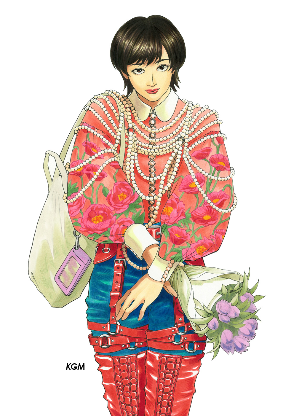 bbkryrnos, original, highres, 1girl, bag, belt, black hair, boots, bouquet, brown eyes, buttons, collared shirt, floral print, floral print shirt, flower, gem, high-waist pants, holding, holding bouquet, jewelry, lips, long sleeves, necklace, o-ring, pants, pearl (gemstone), pearl necklace, pink lips, puffy long sleeves, puffy sleeves, purple flower, purple rose, rose, shirt, short hair, shoulder bag, smile, solo, thigh boots, thigh strap, upturned eyes