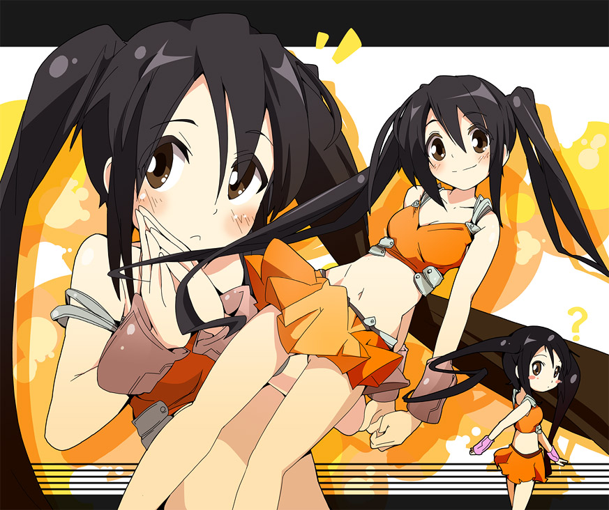 ixy, arancia, original, 1girl, black hair, brown eyes, midriff, multiple views, navel, orange skirt, skirt, smile, twintails