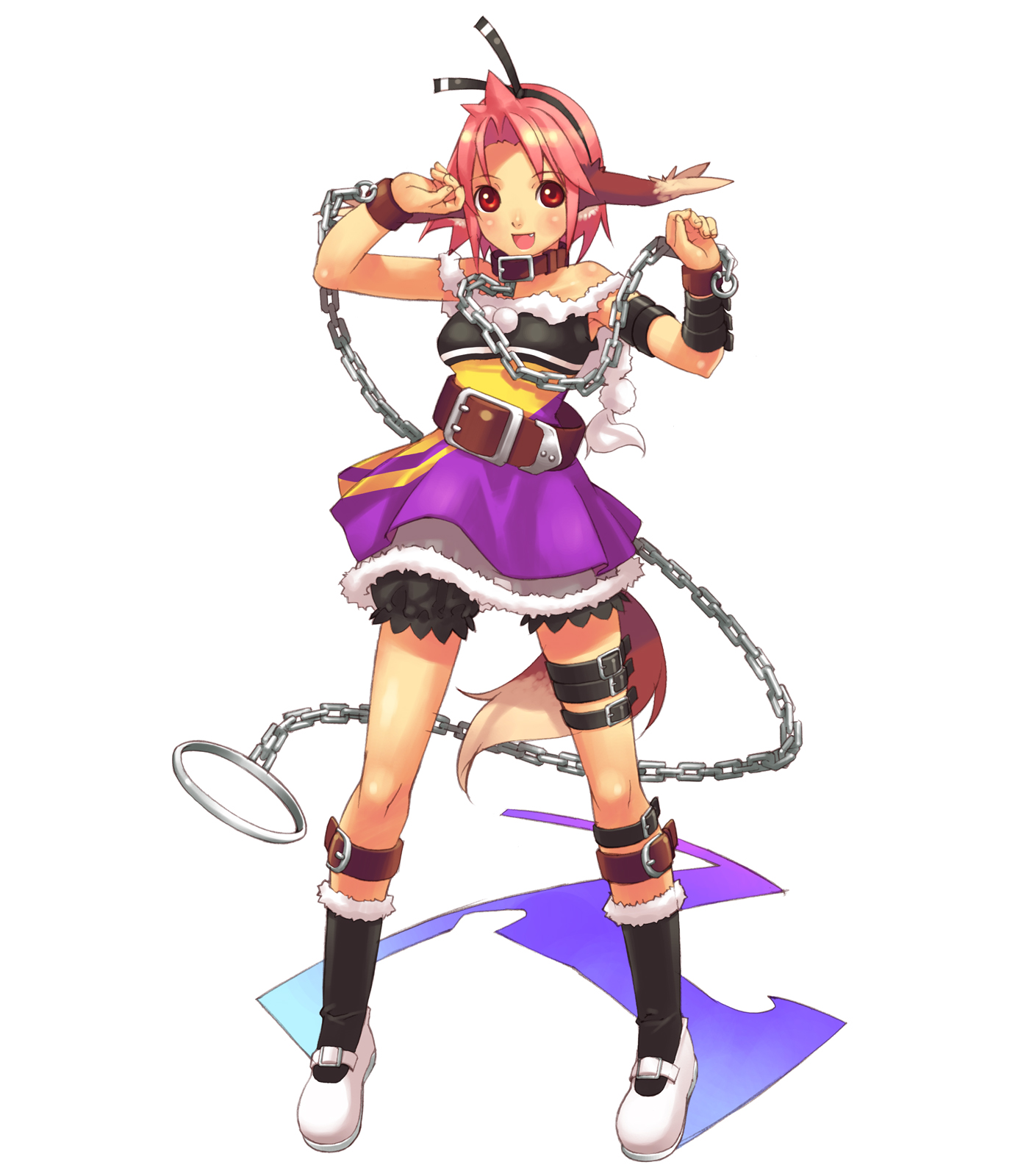 hirano katsuyuki, cuo, spectral (series), spectral souls, highres, 1girl, animal ears, blush, boots, chain, female focus, full body, knee boots, purple skirt, red eyes, short hair, skirt, solo, tail, thigh strap, white background