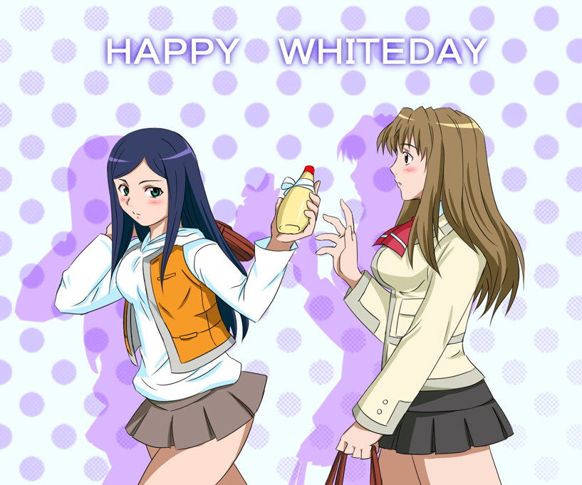 kimohiko, fujino shizuru, kuga natsuki, my-hime, 00s, 2girls, blue hair, blush, bottle, brown hair, gift, green eyes, long hair, mayonnaise, multiple girls, red eyes, ribbon, school uniform, simple background, vest, white day